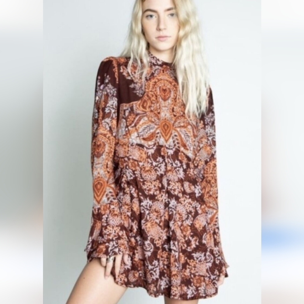 Free People Lady Luck Paisley Burgundy Combo Hippie Tunic Mini dress Fan Sleeve